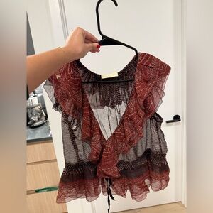 Ulla Johnson Sheer Ruffle Blouse in Red and Black